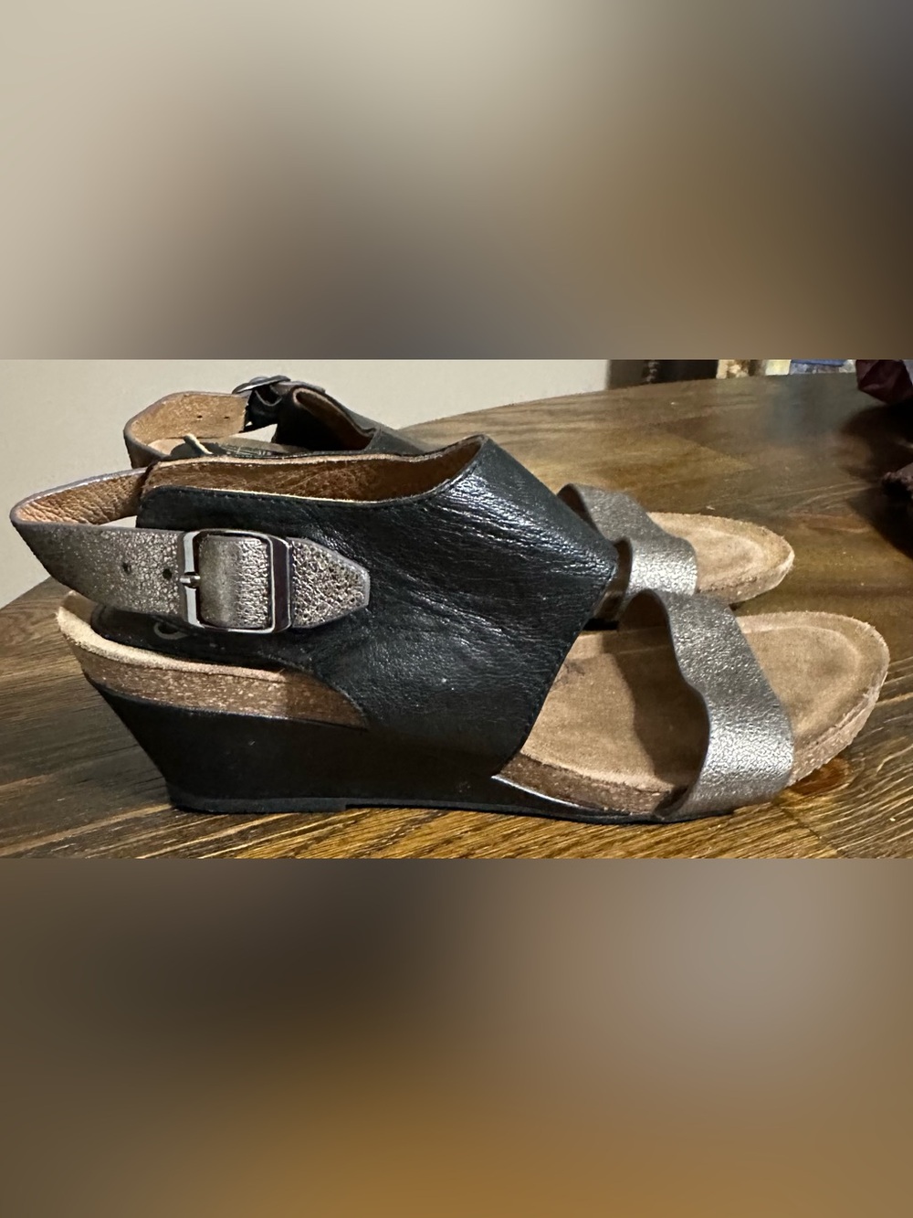 Sofft Black Wedge Sandals with Metallic Silver Front Strap